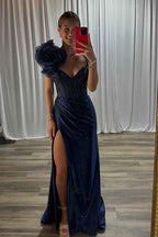 Navy Mermaid One Shoulder Beaded Long Corset Prom Dress with Slit