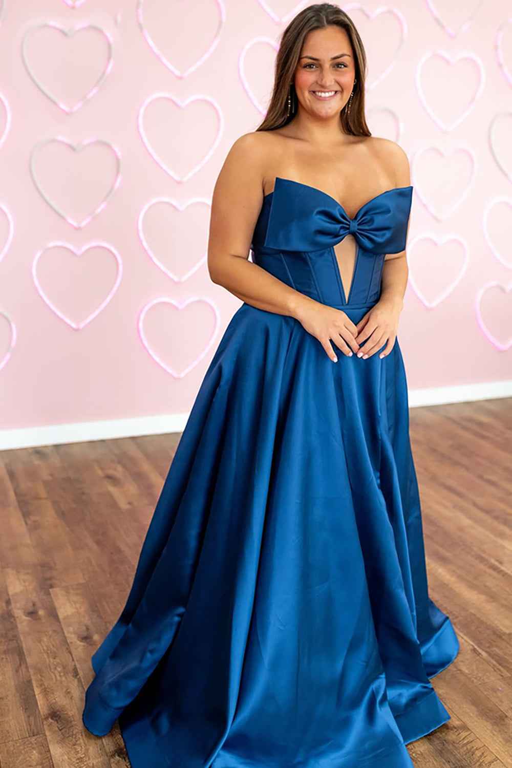 Navy Sweetheart A-Line Satin Corset Long Prom Dress with Bow