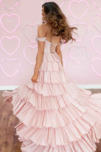 Sparkly Pink Off the Shoulder A-Line Ruffled Long Corset Prom Dress with Beading