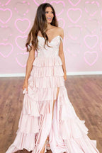Sparkly Pink Off the Shoulder A-Line Ruffled Long Corset Prom Dress with Beading