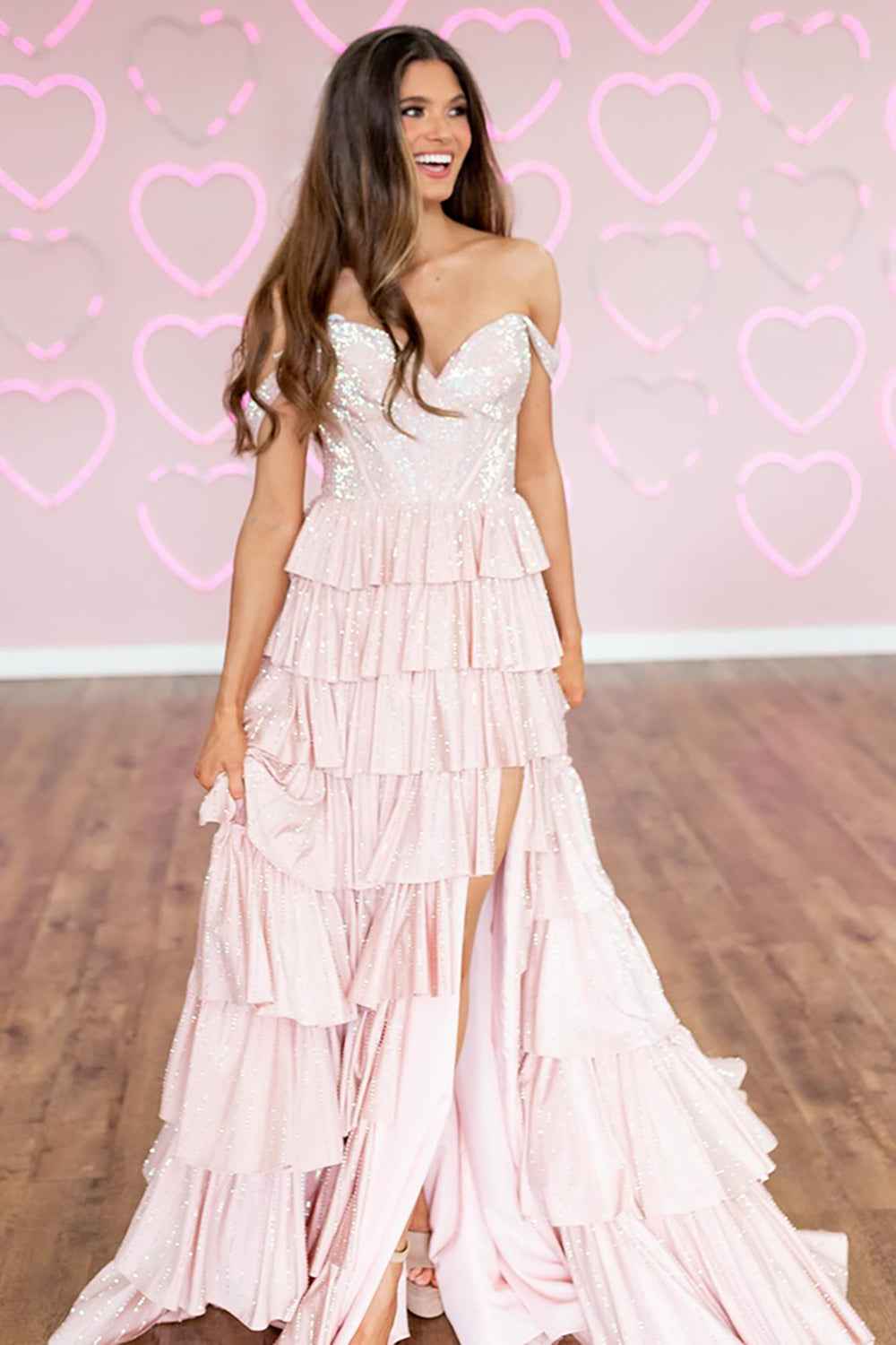 Sparkly Pink Off the Shoulder A-Line Ruffled Long Corset Prom Dress with Beading
