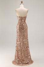 Sparkly Gold Mermaid Sequins Sweetheart Long Corset Prom Dress with Slit
