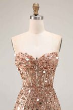 Sparkly Gold Mermaid Sequins Sweetheart Long Corset Prom Dress with Slit