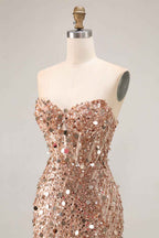 Sparkly Gold Mermaid Sequins Sweetheart Long Corset Prom Dress with Slit