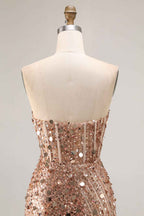 Sparkly Gold Mermaid Sequins Sweetheart Long Corset Prom Dress with Slit