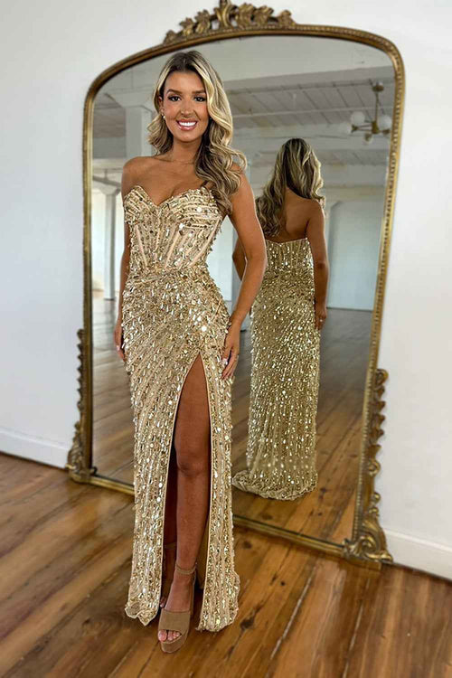 Sparkly Gold Mermaid Sequins Sweetheart Long Corset Prom Dress with Slit BMBRIDE