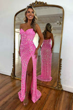 Sparkly Pink Mermaid Strapless Corset Long Sequins Prom Dress with Slit