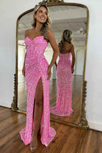 Sparkly Pink Mermaid Strapless Corset Long Sequins Prom Dress with Slit