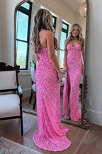 Sparkly Pink Mermaid Strapless Corset Long Sequins Prom Dress with Slit