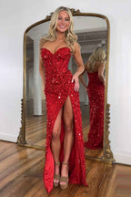 Sparkly Gold Mermaid Sequins Sweetheart Long Corset Prom Dress with Slit