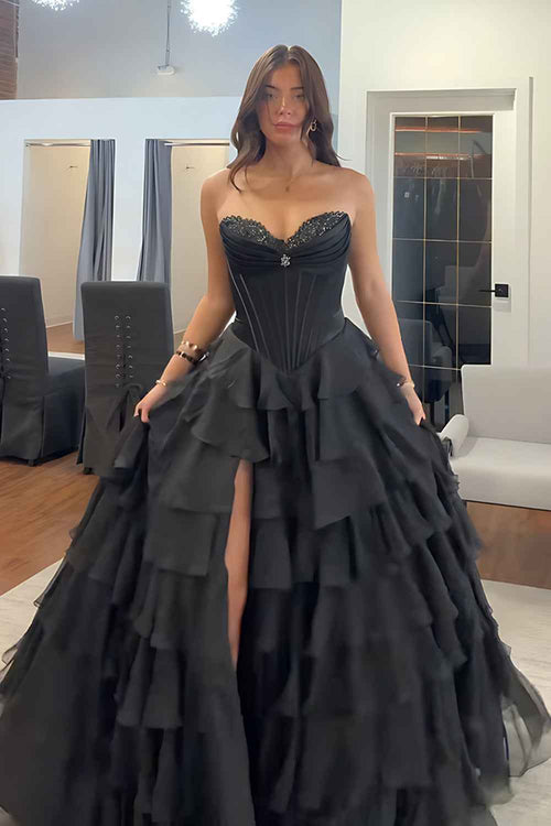 Black Sweetheart Princess Ruffled Long Corset Prom Dress with Beading BMBRIDE