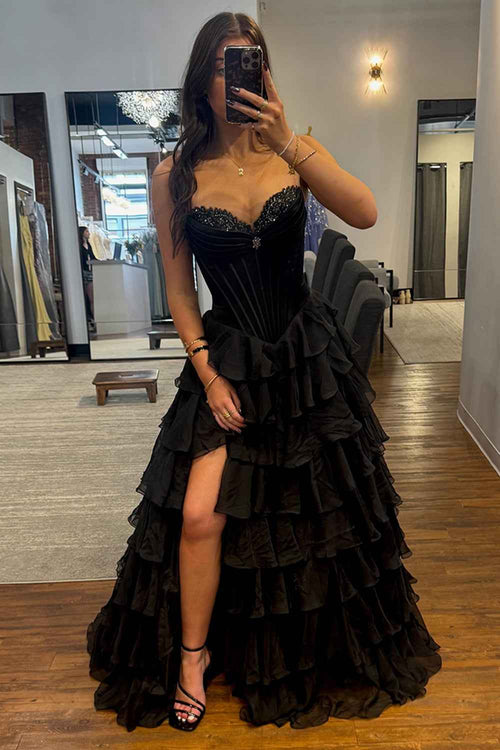 Black Sweetheart Princess Ruffled Long Corset Prom Dress with Beading BMBRIDE