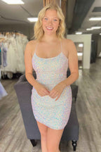 Sparkly Light Pink Spaghetti Straps Backless Sequins Tight Short Homecoming Dress Bmbride