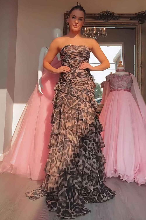 Sparkly Brown Leopard Beaded Strapless Tiered Long Prom Dress with Ruffles BMBRIDE