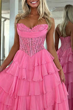 Red A-Line Sweetheart Tiered Ruffled Long Corset Prom Dress with Lace