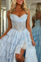 Red A-Line Sweetheart Tiered Ruffled Long Corset Prom Dress with Lace