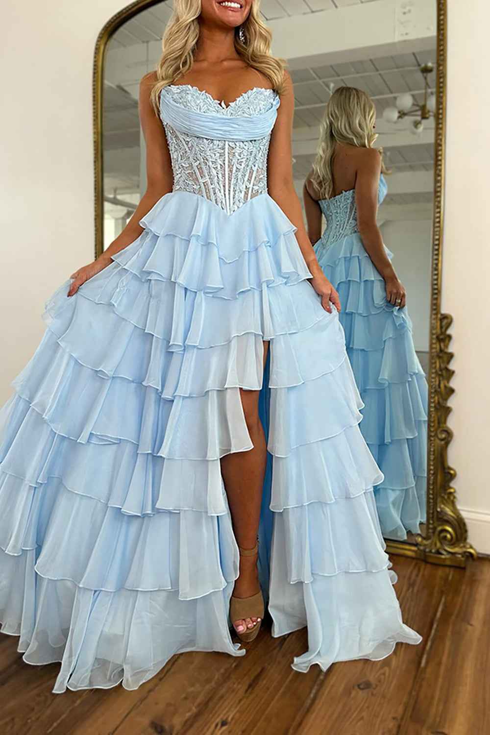 Red A-Line Sweetheart Tiered Ruffled Long Corset Prom Dress with Lace