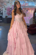 Red A-Line Sweetheart Tiered Ruffled Long Corset Prom Dress with Lace