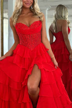 Red A-Line Sweetheart Tiered Ruffled Long Corset Prom Dress with Lace