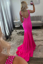 Sparkly Peacock Blue Mermaid V-Neck Beaded Long Prom Dress with Slit
