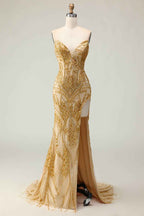 Sparkly Golden Mermaid Strapless Long Beaded Prom Dress with Slit
