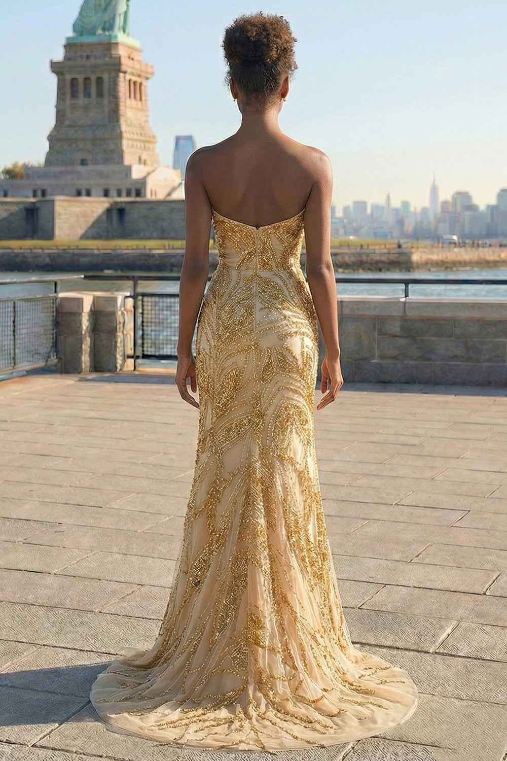 Sparkly Golden Mermaid Strapless Long Beaded Prom Dress with Slit