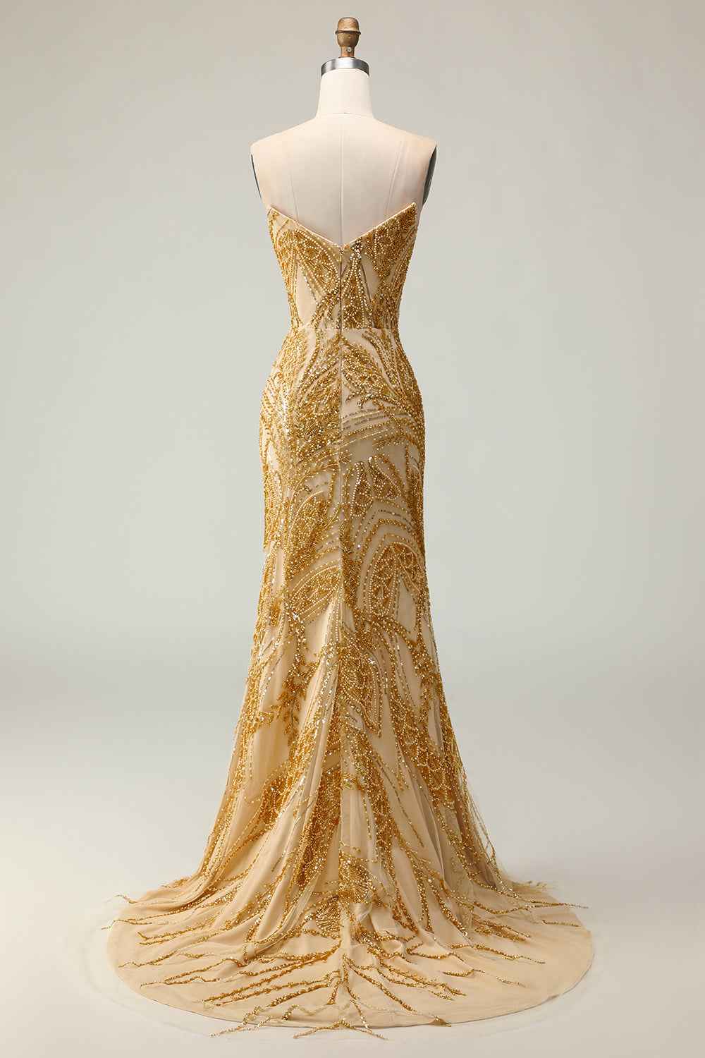 Sparkly Golden Mermaid Strapless Long Beaded Prom Dress with Slit