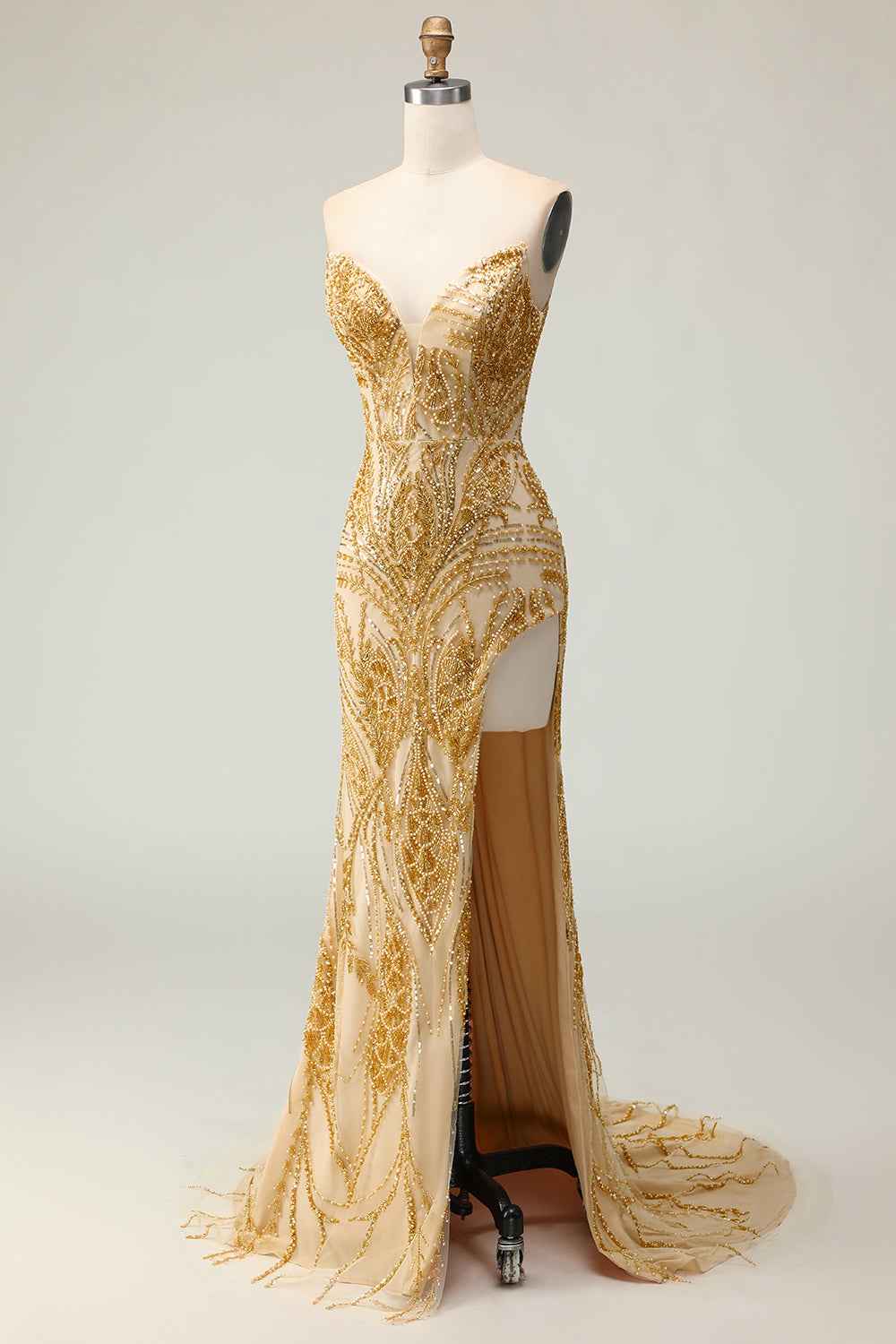 Sparkly Golden Mermaid Strapless Long Beaded Prom Dress with Slit