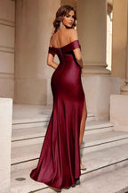 Elegant Burgundy Off the Shoulder Mermaid Long Prom Dress with Slit
