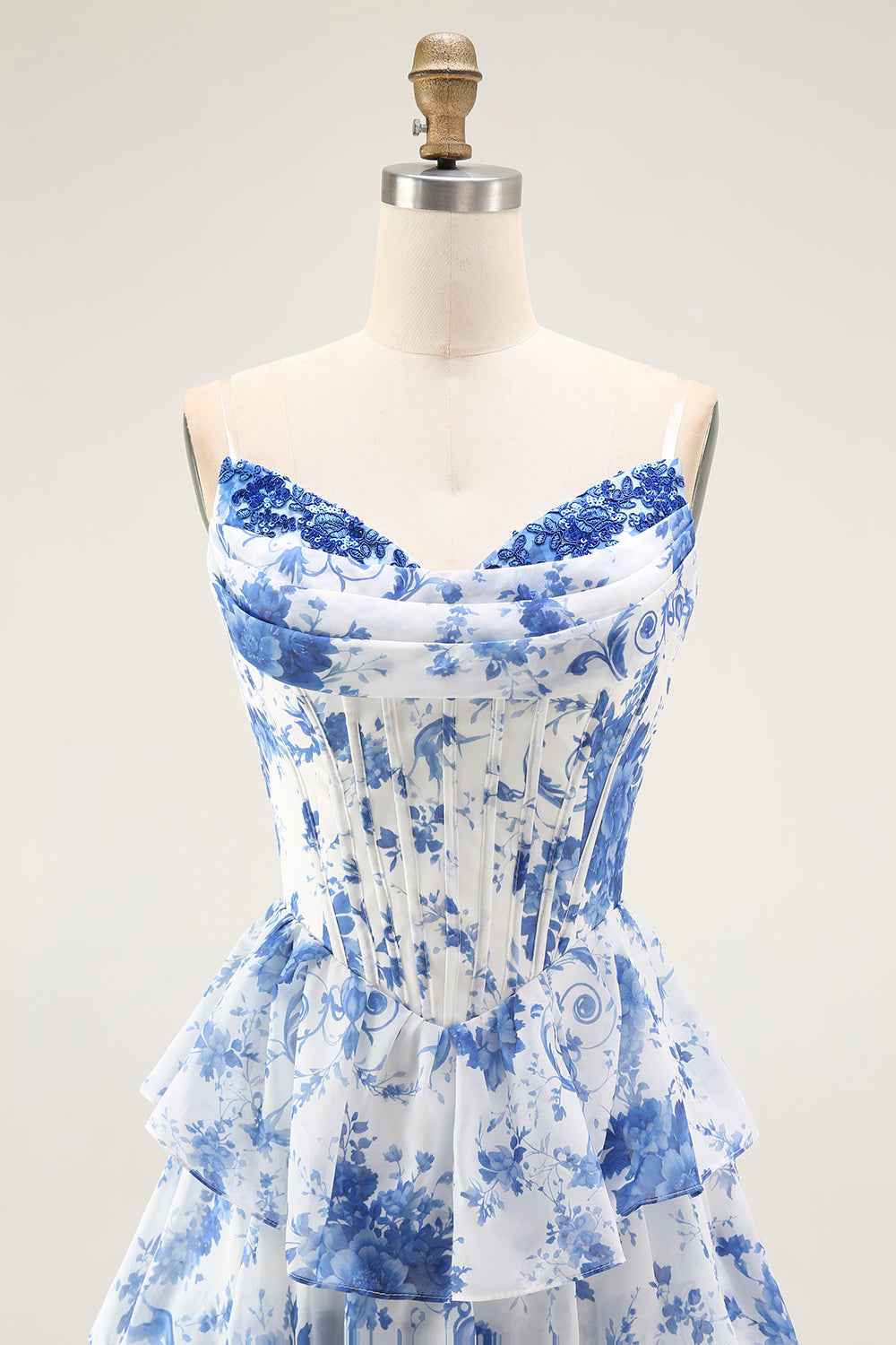 Floral Blue A-Line Corset Tiered Long Chiffon Prom Dress with Slit