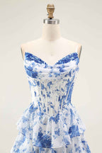 Floral Blue A-Line Corset Tiered Long Chiffon Prom Dress with Slit