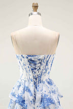 Floral Blue A-Line Corset Tiered Long Chiffon Prom Dress with Slit