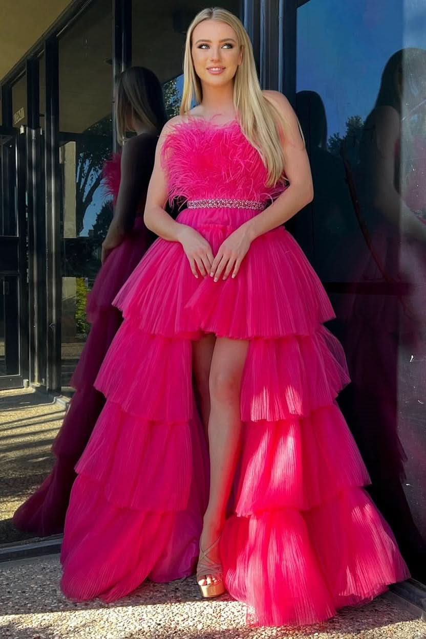 Captivating Fuchsia A-line High-Low Strapless Ruffled Tulle Prom Dress with Feathers BM bride