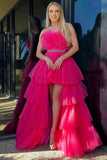 Captivating Fuchsia A-line High-Low Strapless Ruffled Tulle Prom Dress with Feathers BM bride