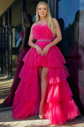 Stylish A-Line High-Low Strapless Ruffled Tulle Prom Dress with Feathers BM bride