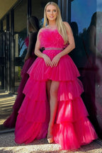 Stylish A-Line High-Low Strapless Ruffled Tulle Prom Dress with Feathers BM bride