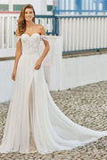 Off-the-Shoulder Lace Wedding Dress with Split BM bride