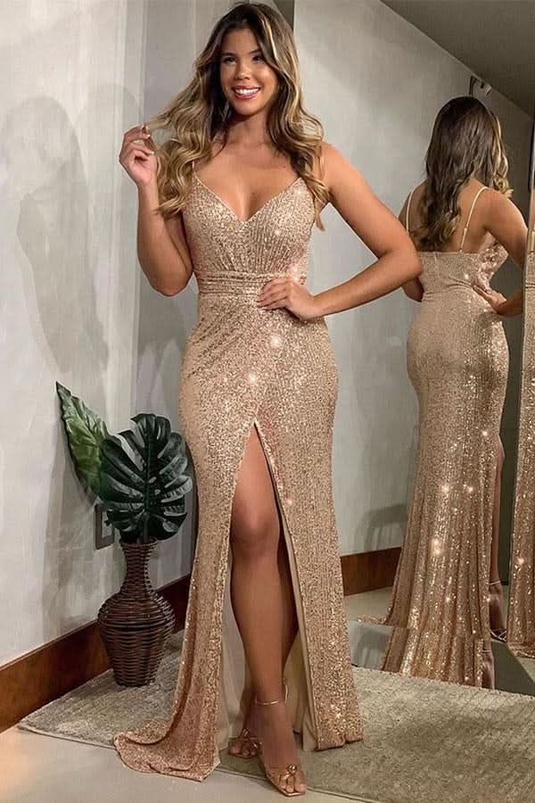 Spaghetti-Strap Sequin Evening Dress with Slit BM bride