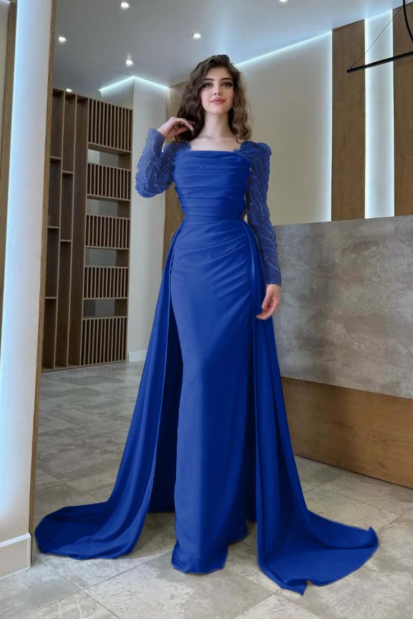 Long Sleeves Square Neck Long Mermaid Prom Dress With Pleated BMBRIDE