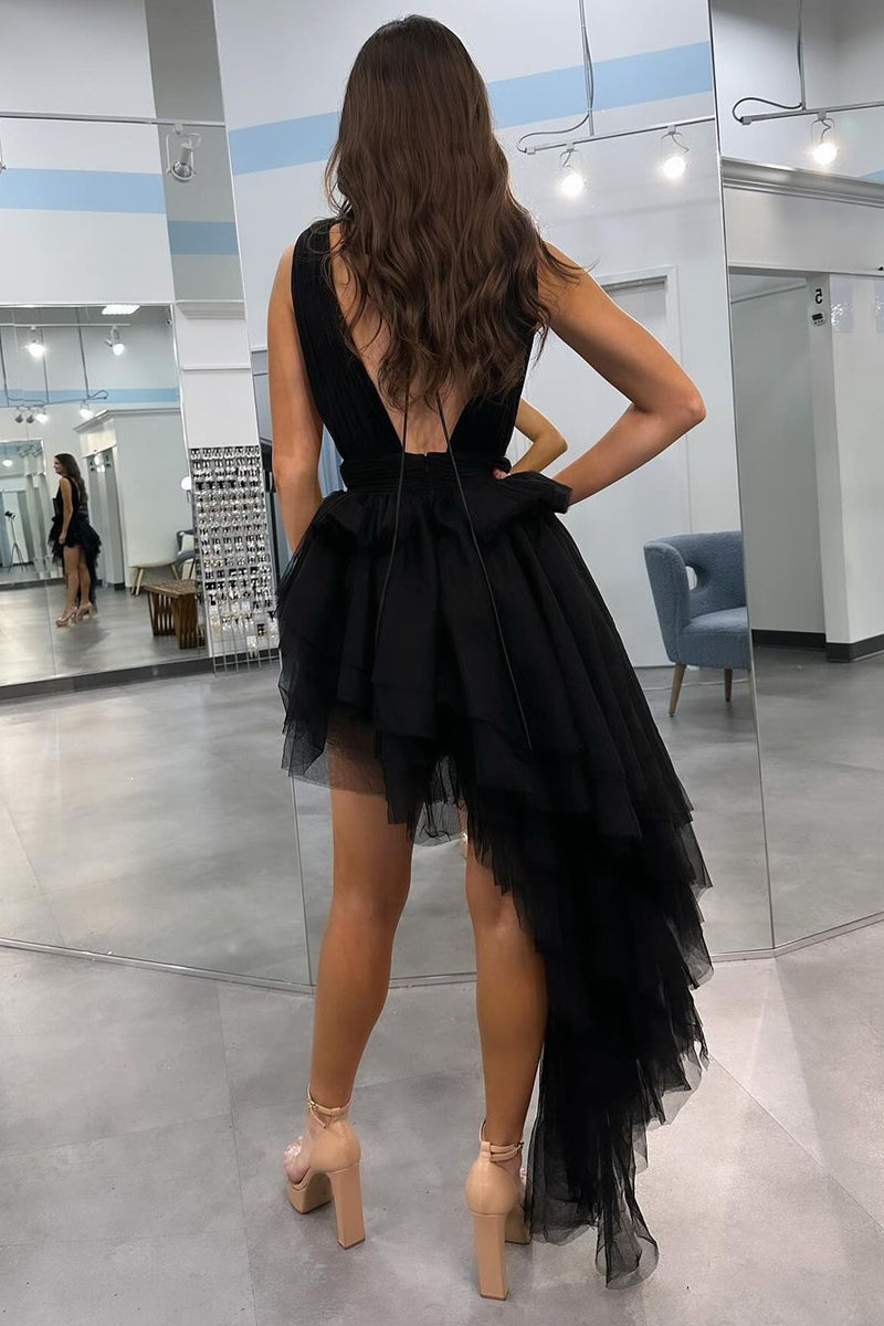 Chic Black V Neck Irregular Hem A-Line Prom Dress BM bride