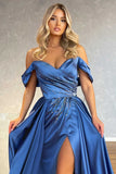 Off-the-Shoulder Blue Split Prom Dress Overskirt with Beadings BM bride
