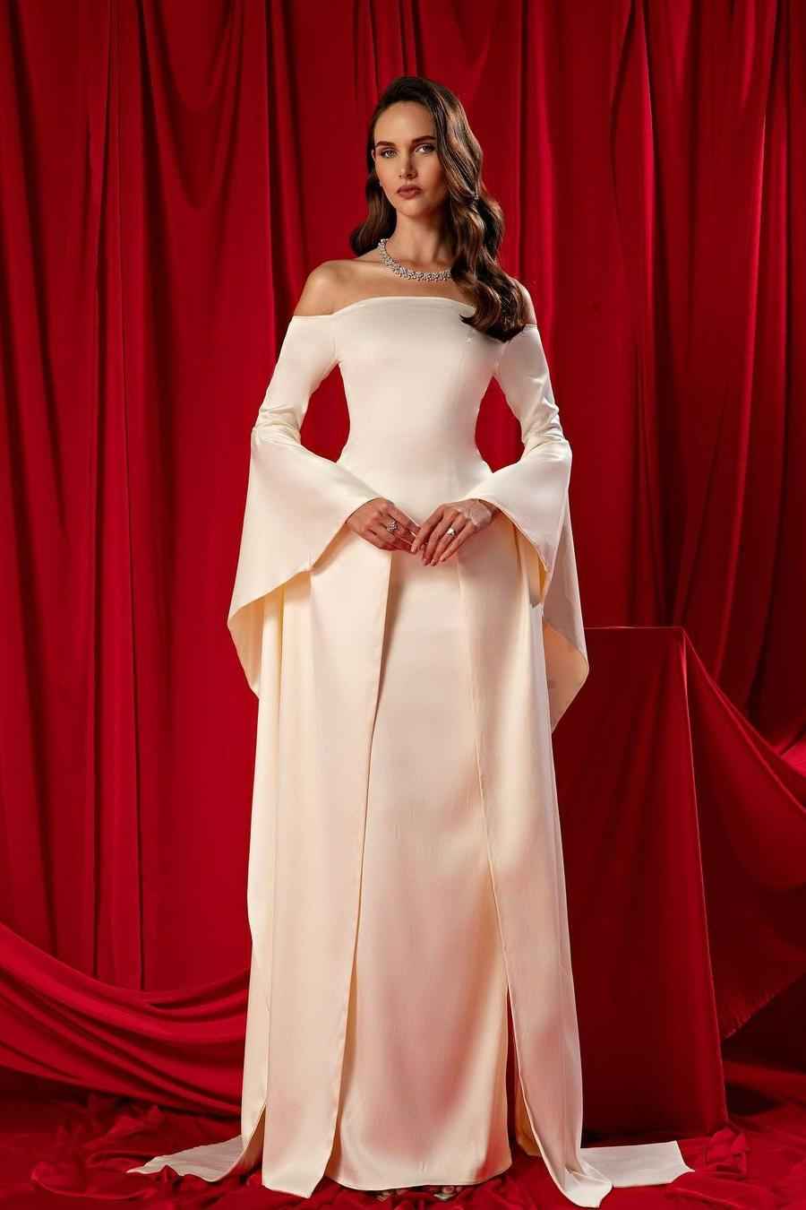 Off the Shoulder Strapless Long Sleeves Long Prom Dress With Ruffles