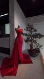 Red Pearl Strapless Prom Dress with Long Slit BM bride