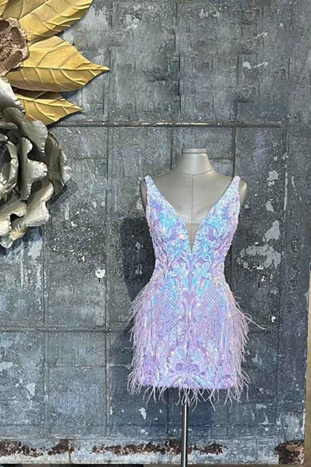 Sparkly Blue Sequined Tight Short Homecoming Dress with Feathers Bmbride