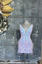 Sparkly Blue Sequined Tight Short Homecoming Dress with Feathers Bmbride