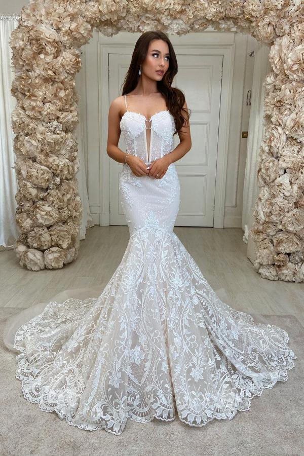 Long Mermaid Sweetheart Spaghetti Strap Wedding Dress with Lace and Backless Design BM bride