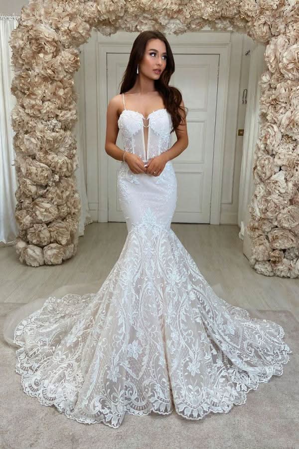 Long Mermaid Sweetheart Spaghetti Strap Wedding Dress with Lace and Backless Design BM bride