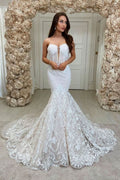 Long Mermaid Sweetheart Spaghetti Strap Wedding Dress with Lace and Backless Design BM bride