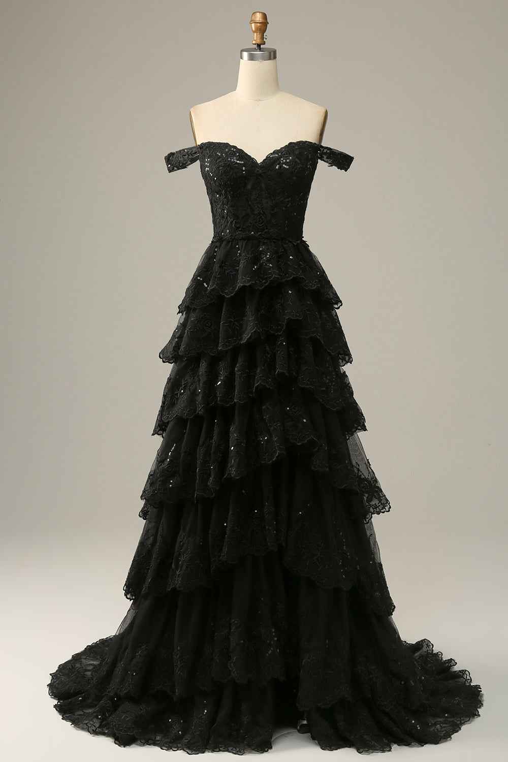A Line Off the Shoulder Black Corset Prom Dress with Lace Ruffles
