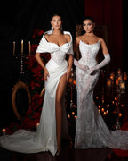 Elegant Off-the-Shoulder White Wedding Dress with Split Charmeuse BM bride